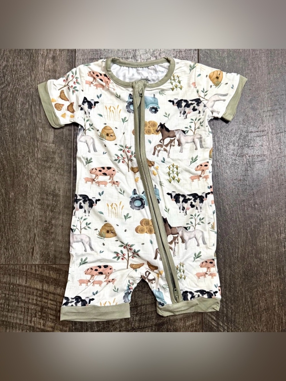 Baby Bamboo Bodysuit Shorty Zipper Sleeper Pjs Farm Print 6-12m